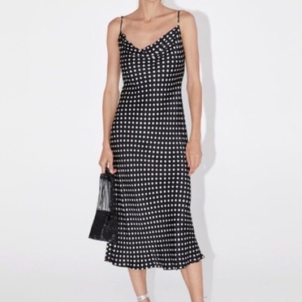 Black polka dot cowl neck midi dress